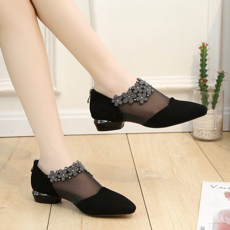 Sandals for Women 2021 Retro Rhinestone Sandals Women Elegant Flower Square Heel Sandals Mesh Light Sandals Summer Women's Shoes