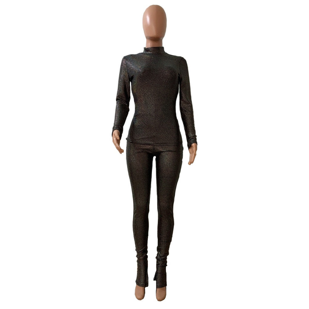 Echoine Autumn Winter Sequin Turtleneck Top and Legging Pants Two Piece Set Tracksuit Streetwear Women Matching Set Party Clubw