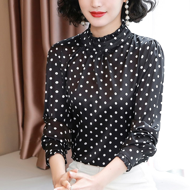 Women Blouses Casual Stand Collar Autumn Fashion Women Shirts Blouses Long Sleeve Polka Dot Women Tops 2022 Fashion Blusas 10589