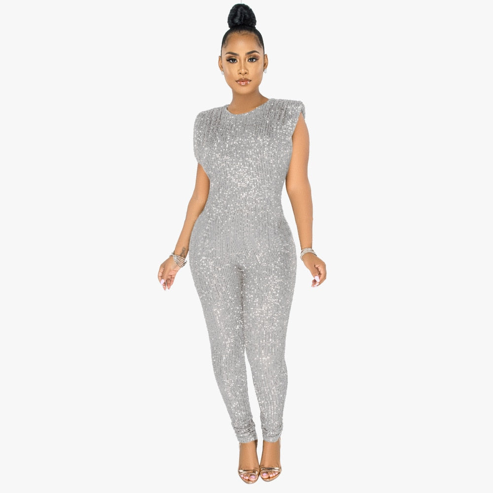 VAZN Hot Sale Sexy O-neck Sequins Glitter Office Lady Women Sleeveless Banquet Party Beach Jumpsuits Full Pant Bandage Rompers