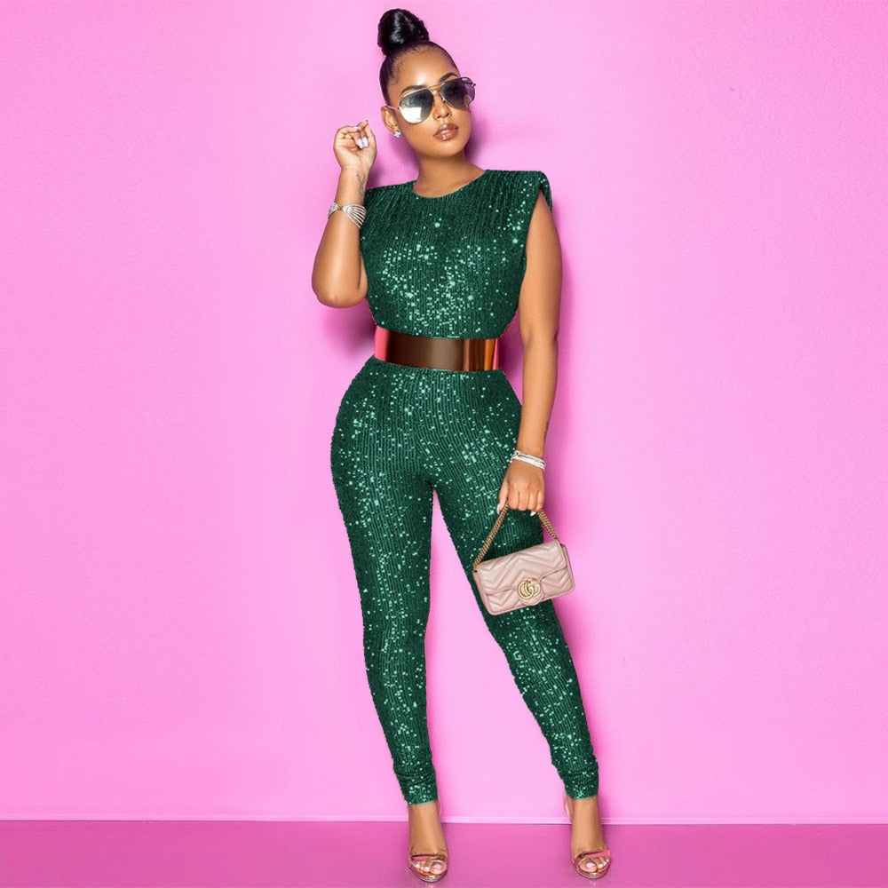 VAZN Hot Sale Sexy O-neck Sequins Glitter Office Lady Women Sleeveless Banquet Party Beach Jumpsuits Full Pant Bandage Rompers