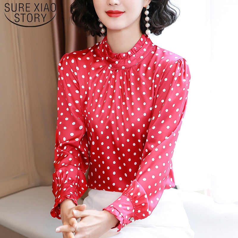 Women Blouses Casual Stand Collar Autumn Fashion Women Shirts Blouses Long Sleeve Polka Dot Women Tops 2022 Fashion Blusas 10589