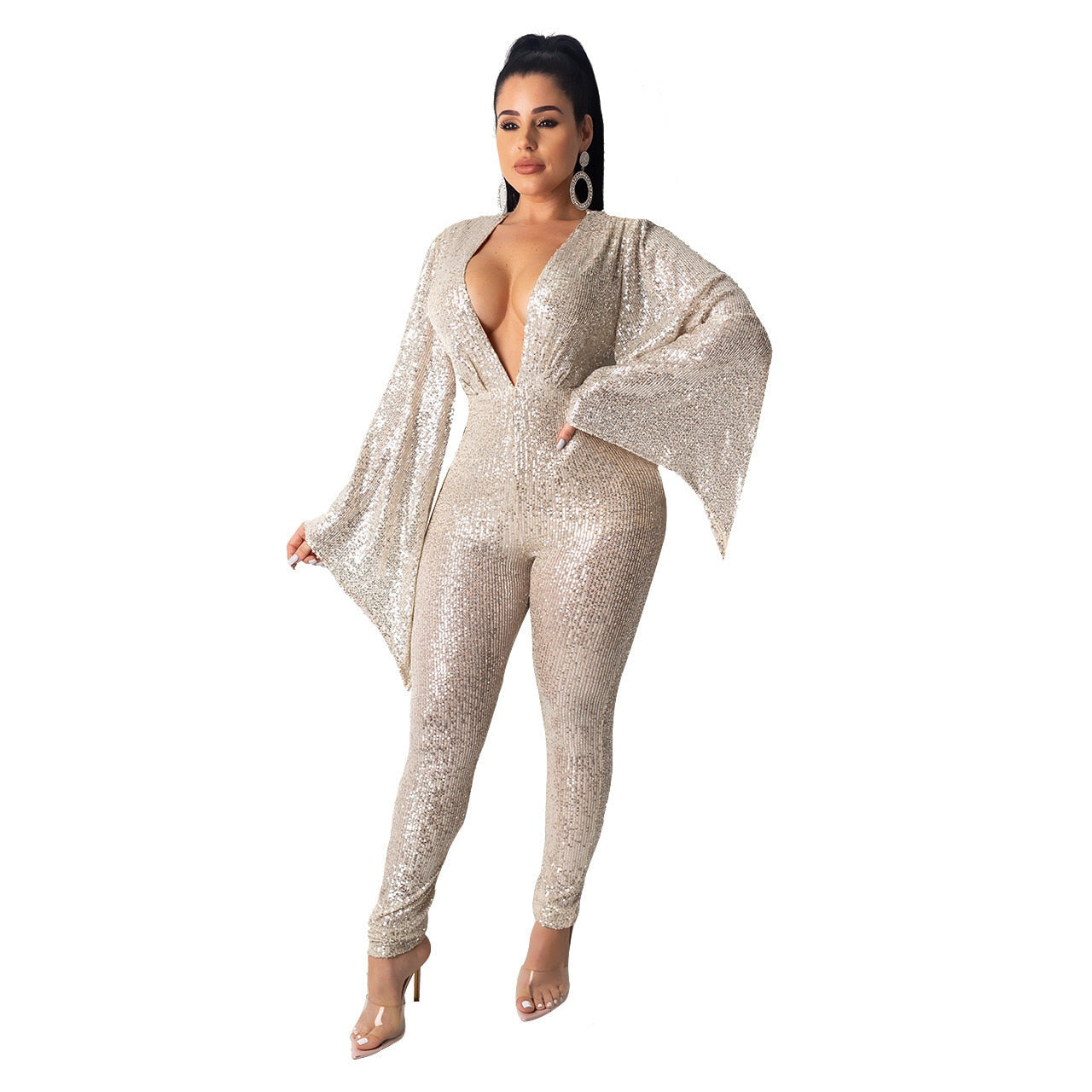 VAZN Hot Sale Sexy O-neck Sequins Glitter Office Lady Women Sleeveless Banquet Party Beach Jumpsuits Full Pant Bandage Rompers