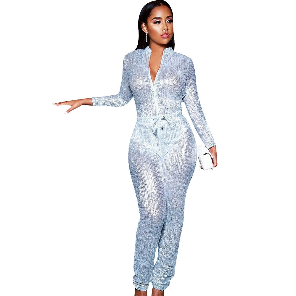 VAZN Hot Sale Sexy O-neck Sequins Glitter Office Lady Women Sleeveless Banquet Party Beach Jumpsuits Full Pant Bandage Rompers