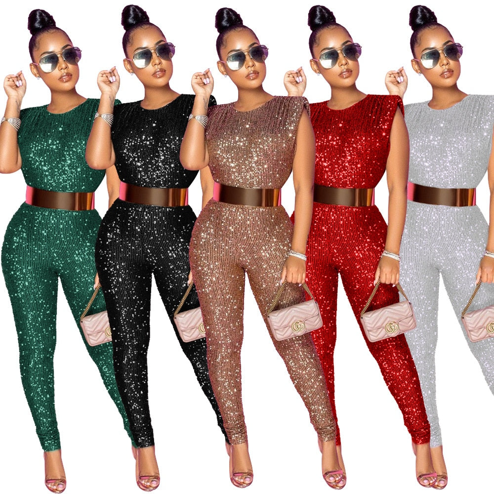 VAZN Hot Sale Sexy O-neck Sequins Glitter Office Lady Women Sleeveless Banquet Party Beach Jumpsuits Full Pant Bandage Rompers