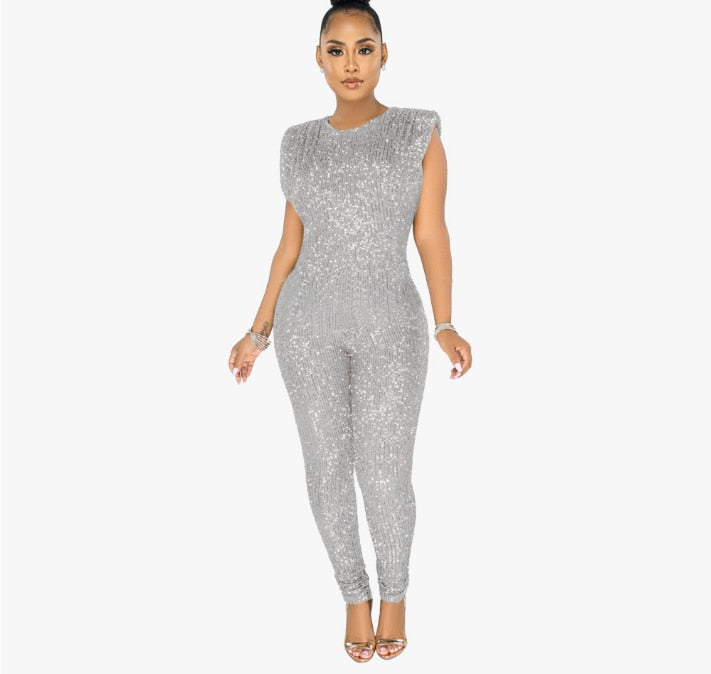 VAZN Hot Sale Sexy O-neck Sequins Glitter Office Lady Women Sleeveless Banquet Party Beach Jumpsuits Full Pant Bandage Rompers