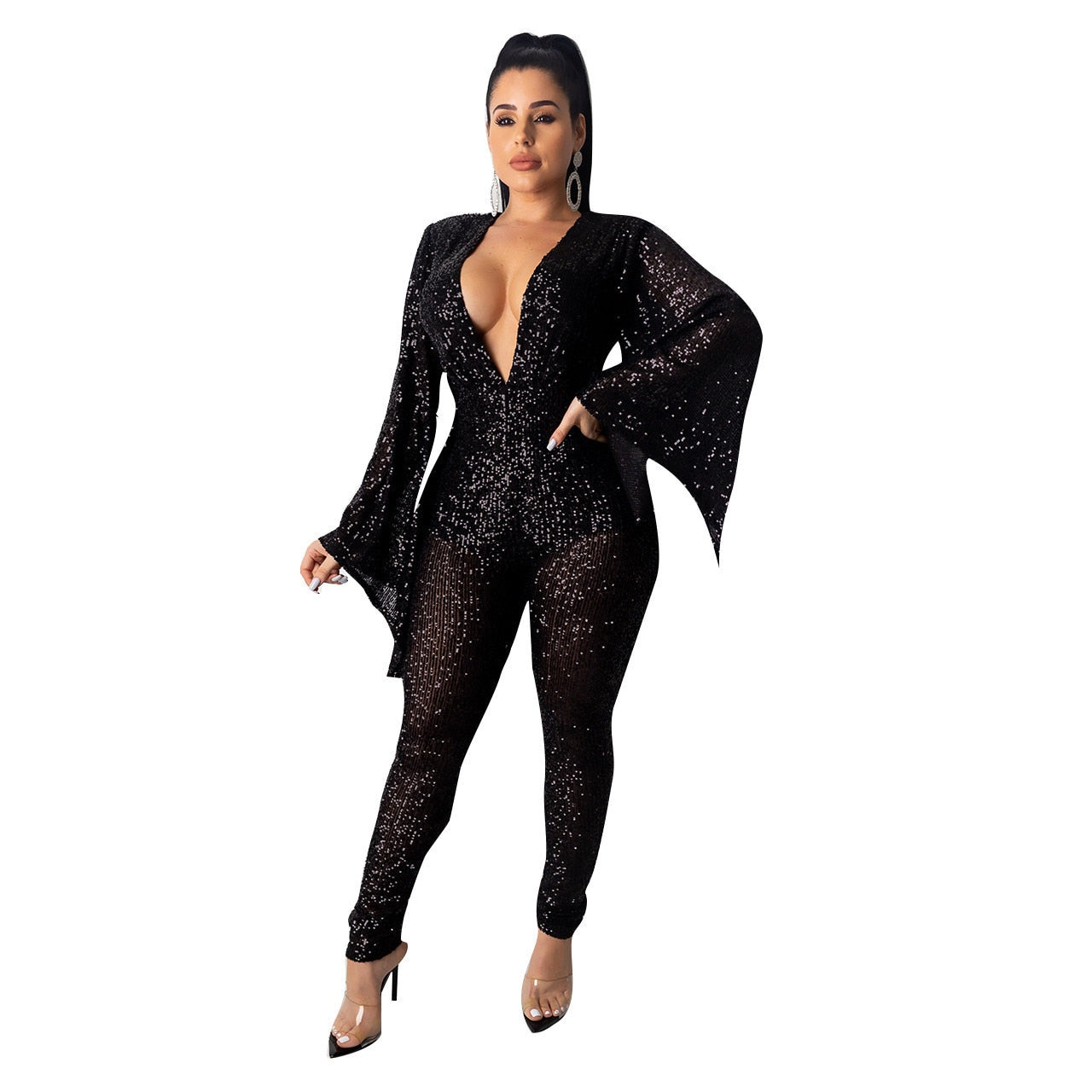 VAZN Hot Sale Sexy O-neck Sequins Glitter Office Lady Women Sleeveless Banquet Party Beach Jumpsuits Full Pant Bandage Rompers