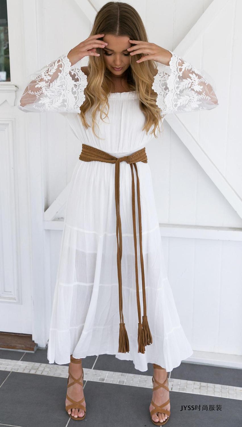 TEELYNN long boho dress white sexy off the shoulder beach sundress Flare long sleeve splice lace women dresses summer vestidos