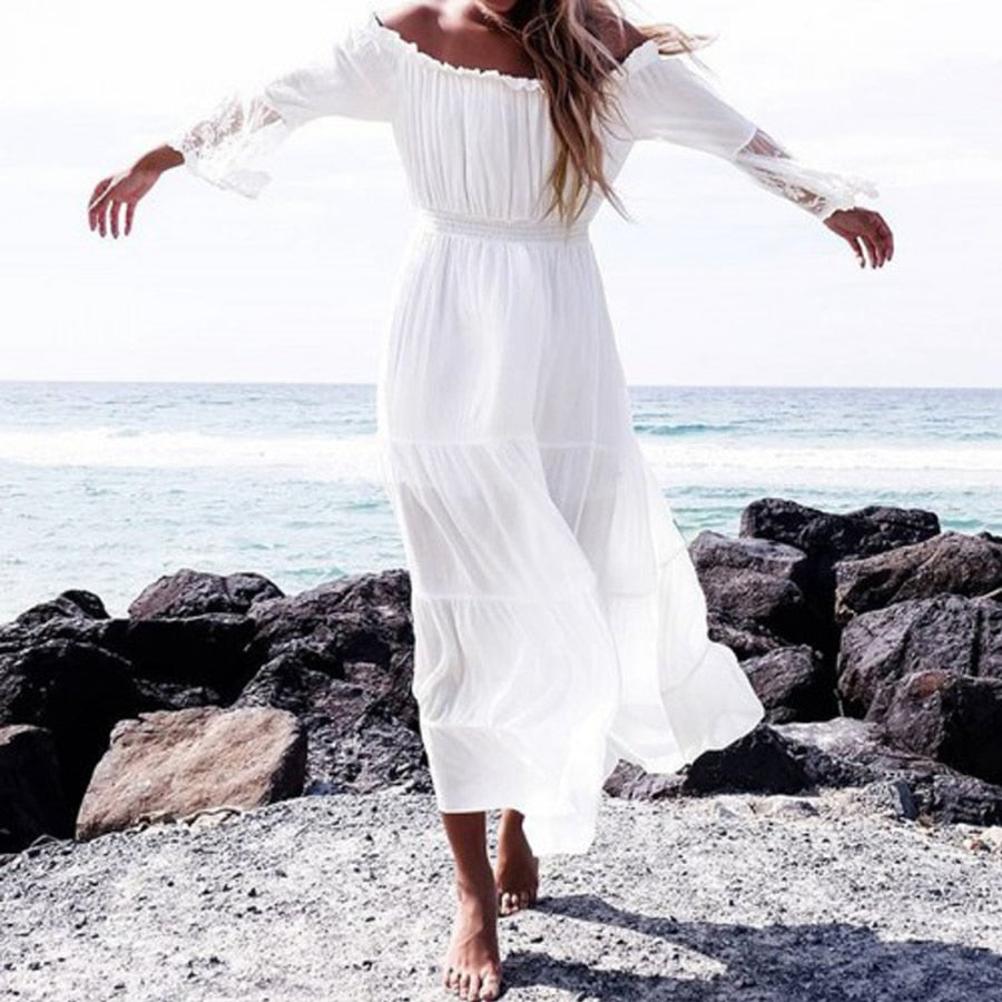 TEELYNN long boho dress white sexy off the shoulder beach sundress Flare long sleeve splice lace women dresses summer vestidos