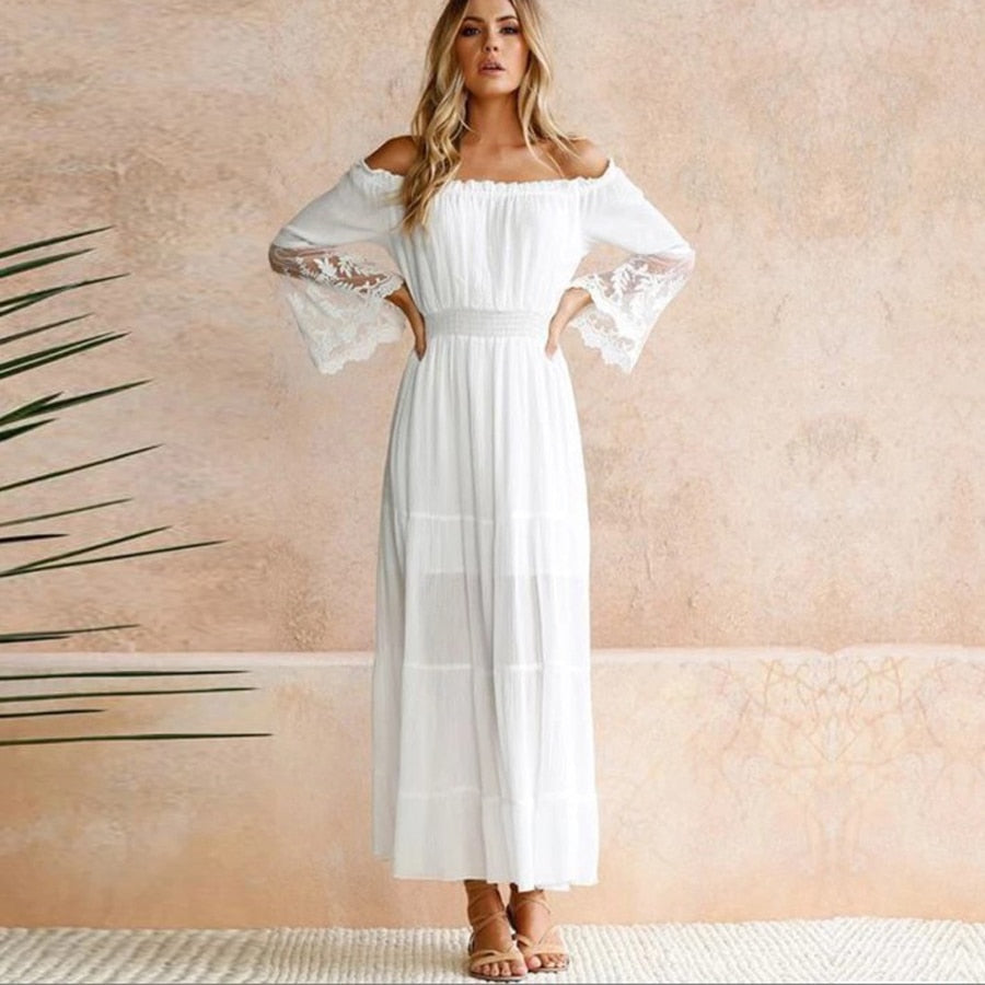 TEELYNN long boho dress white sexy off the shoulder beach sundress Flare long sleeve splice lace women dresses summer vestidos