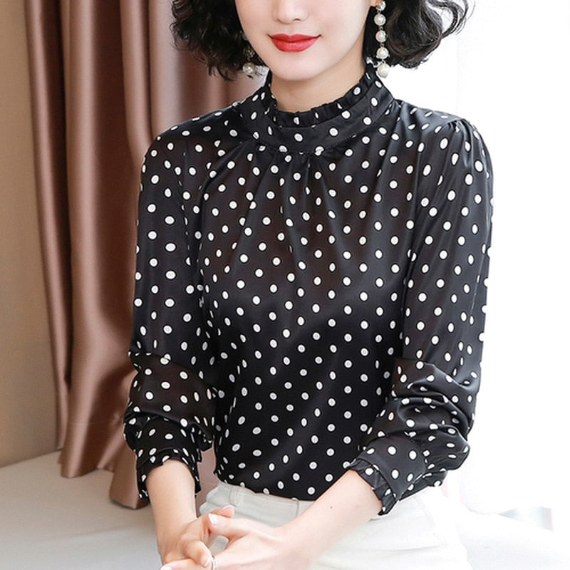 Women Blouses Casual Stand Collar Autumn Fashion Women Shirts Blouses Long Sleeve Polka Dot Women Tops 2022 Fashion Blusas 10589