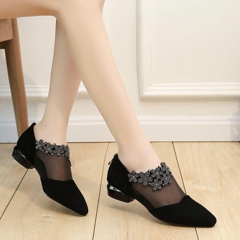 Sandals for Women 2021 Retro Rhinestone Sandals Women Elegant Flower Square Heel Sandals Mesh Light Sandals Summer Women's Shoes
