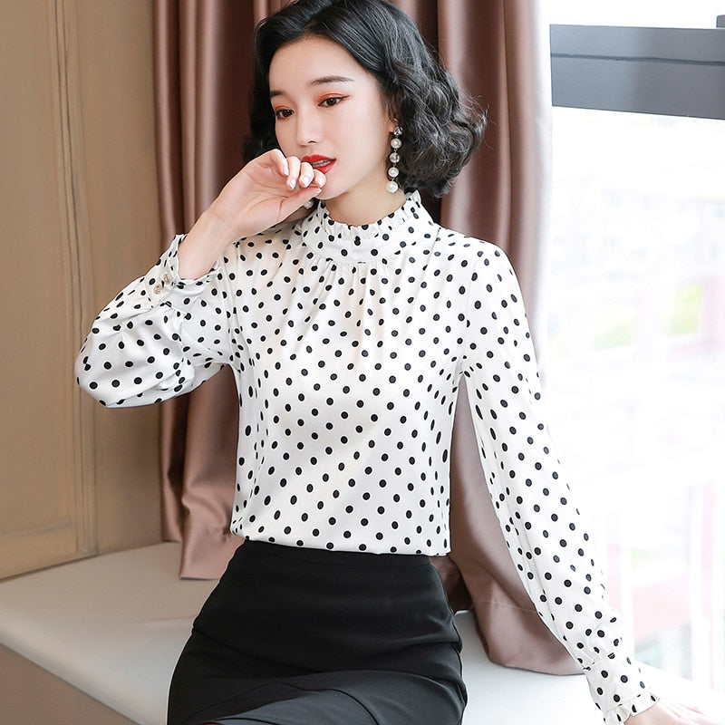 Women Blouses Casual Stand Collar Autumn Fashion Women Shirts Blouses Long Sleeve Polka Dot Women Tops 2022 Fashion Blusas 10589