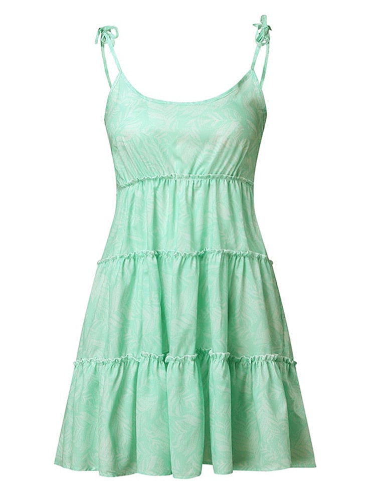 Sexy spaghetti strap women summer dress casual beach sundress 2022 green large size dresses lace up ruffle short dress vestidos