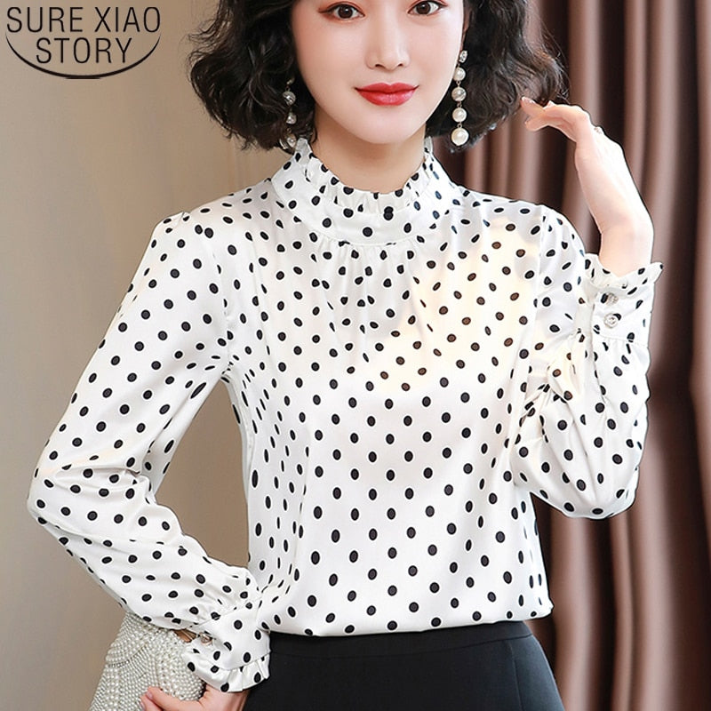 Women Blouses Casual Stand Collar Autumn Fashion Women Shirts Blouses Long Sleeve Polka Dot Women Tops 2022 Fashion Blusas 10589