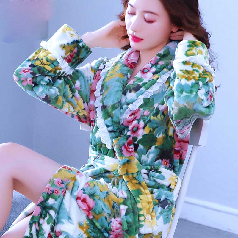 Women Robes Winter Warm Coral Fleece Nightdress Sleepwear Female Pajamas Home Clothes Floral Dressing Gron Kimono Hotel Bathrobe