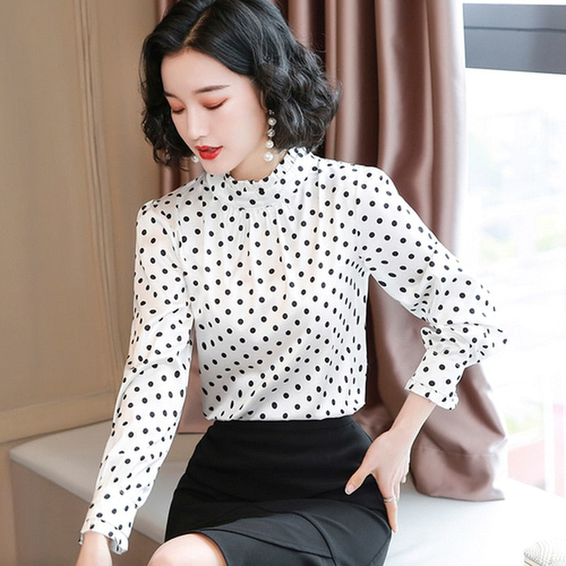 Women Blouses Casual Stand Collar Autumn Fashion Women Shirts Blouses Long Sleeve Polka Dot Women Tops 2022 Fashion Blusas 10589