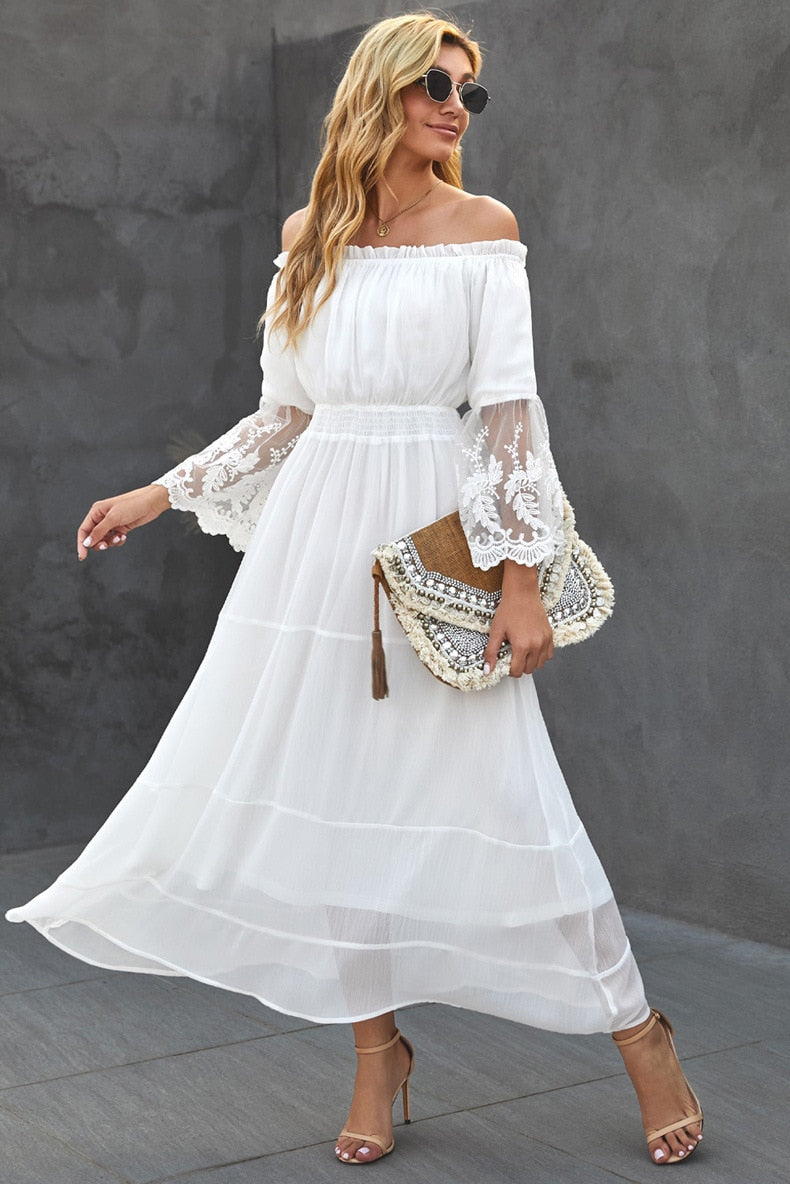 TEELYNN long boho dress white sexy off the shoulder beach sundress Flare long sleeve splice lace women dresses summer vestidos