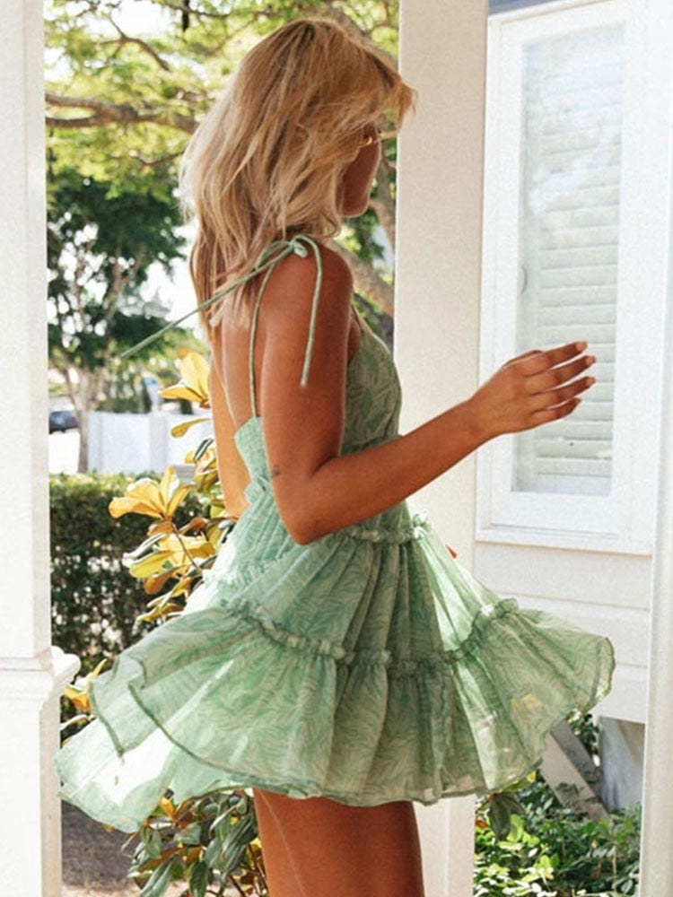 Sexy spaghetti strap women summer dress casual beach sundress 2022 green large size dresses lace up ruffle short dress vestidos