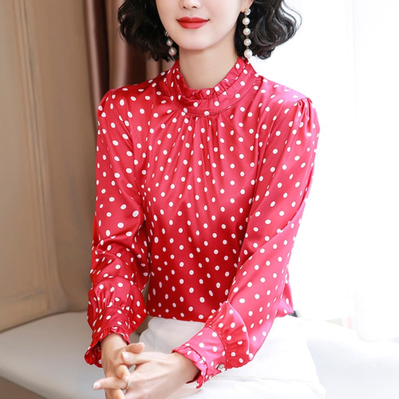 Women Blouses Casual Stand Collar Autumn Fashion Women Shirts Blouses Long Sleeve Polka Dot Women Tops 2022 Fashion Blusas 10589
