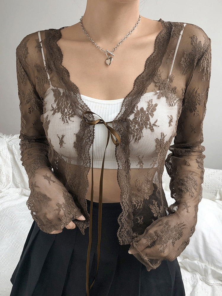 HEYounGIRL White Lace Sexy Mesh Cropped T Shirt Ladies Autumn Grunge Gothic T-shirt Women See Through Long Sleeve Tee Shirts