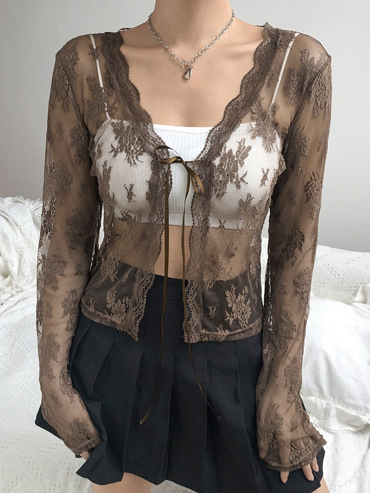 HEYounGIRL White Lace Sexy Mesh Cropped T Shirt Ladies Autumn Grunge Gothic T-shirt Women See Through Long Sleeve Tee Shirts