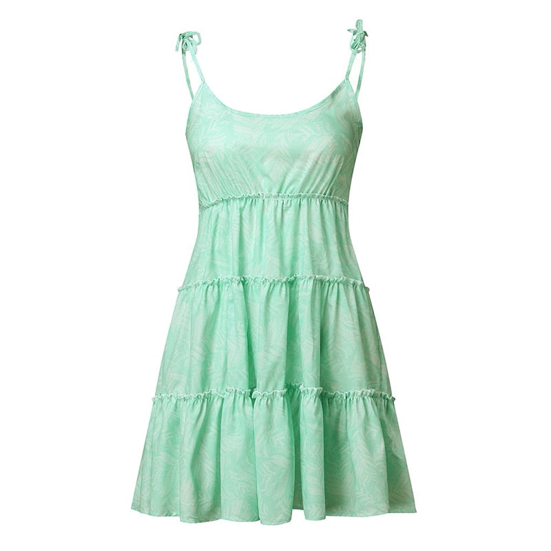 Sexy spaghetti strap women summer dress casual beach sundress 2022 green large size dresses lace up ruffle short dress vestidos