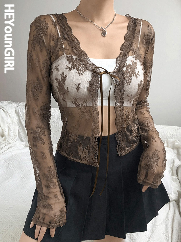 HEYounGIRL White Lace Sexy Mesh Cropped T Shirt Ladies Autumn Grunge Gothic T-shirt Women See Through Long Sleeve Tee Shirts