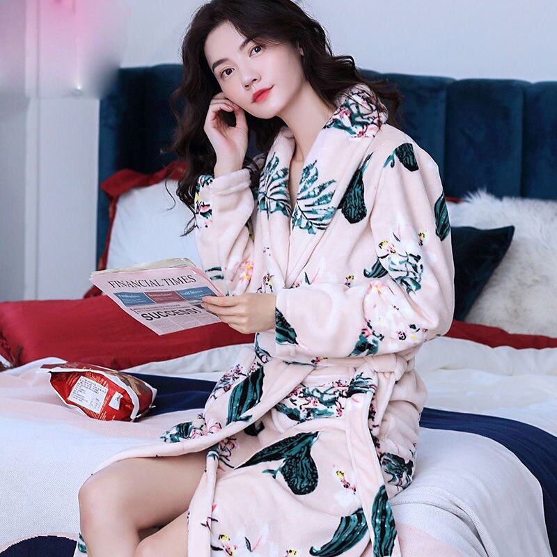 Women Robes Winter Warm Coral Fleece Nightdress Sleepwear Female Pajamas Home Clothes Floral Dressing Gron Kimono Hotel Bathrobe