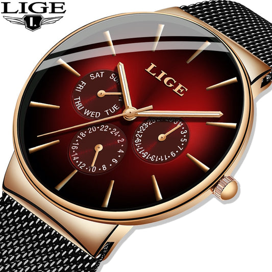 LIGE New Fashion Women Watches Top Brand Luxury Quartz Watch Women Mesh Steel Waterproof Ultra-thin Wristwatch For Women Clock