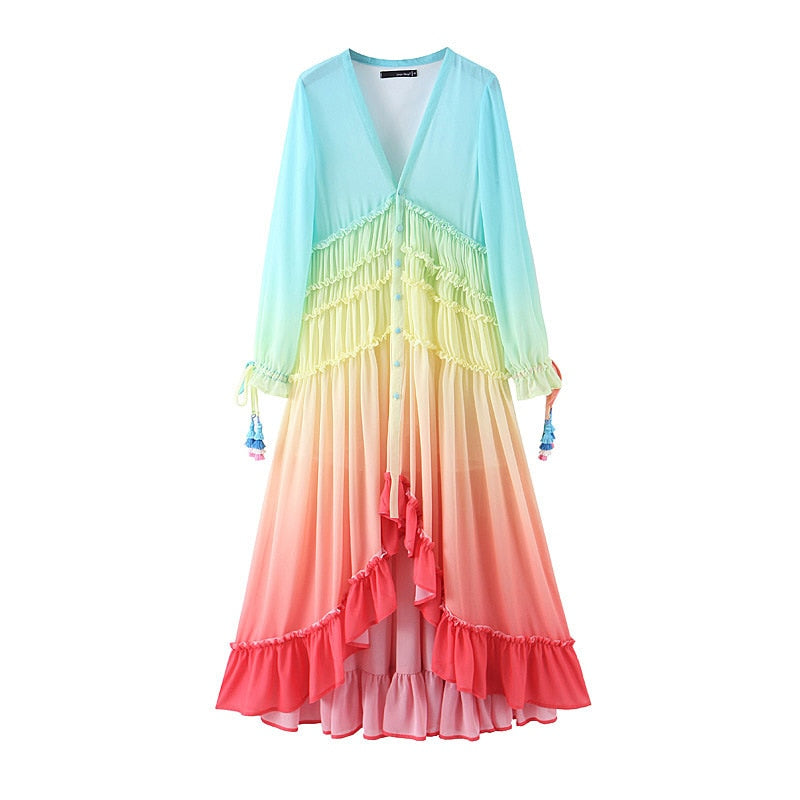 Women&#39;s Summer Bohemian Dress Printing Gradient Elegant Maxi Dress Patchwork Rainbow Color Party Dress Ruffles Sweet Vestidos