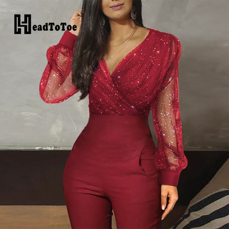 Sheer Mesh Glitter Ruched Wrap Jumpsuit Women Ropmers Long Sleeve V Neck Skinny Fit One Piece Overalls Jumpsuit