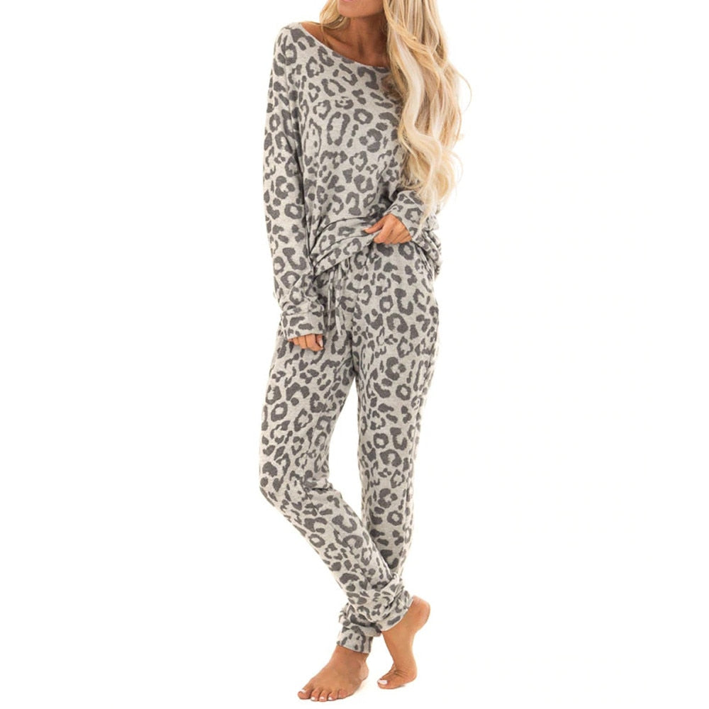 Leopard Print Two Piece Sets Pajamas Women Tracksuit Pants Sets Women Long Sleepwear Suit Home Women Female Sleepwear Femme #g2