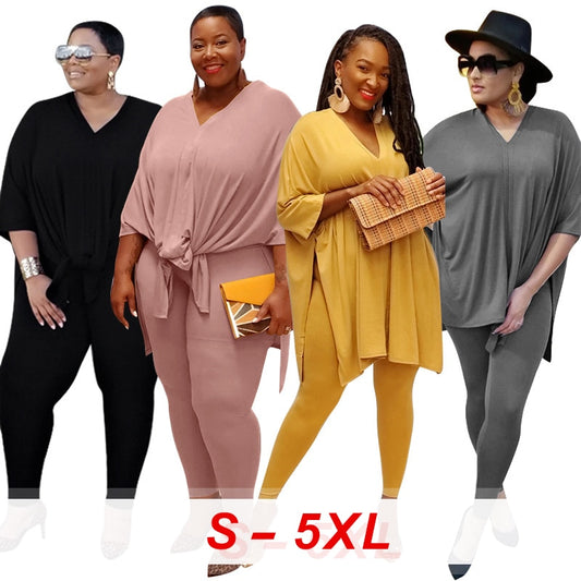 Casual Loose Two Piece,Women Plus Size Women Clothing,2020 Fall Summer Clothing Trendy,Knitting Top and Pants Solid Women