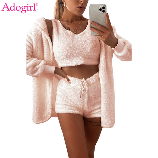 Adogirl 2020 Fall Winter Women Home Plush Suit 3 Piece Set Tank Crop Top Shorts Long Sleeve Cardigan Coat Casual Outfits