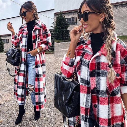 Women&#39;s Coat Autumn Winter Long Sleeve Red Plaid Jacket Women Lapel Single Breasted Cardigan Coat Turndown Collar Women Coat