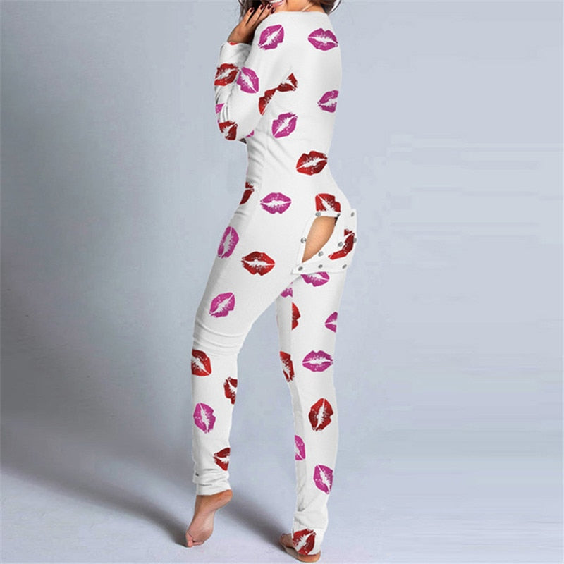Sexy Women Pajamas Onesies Button-down Front Functional Buttoned Flap Adults Pyjama V-neck Long Sleeve Jumpsuit Female Sleepwear
