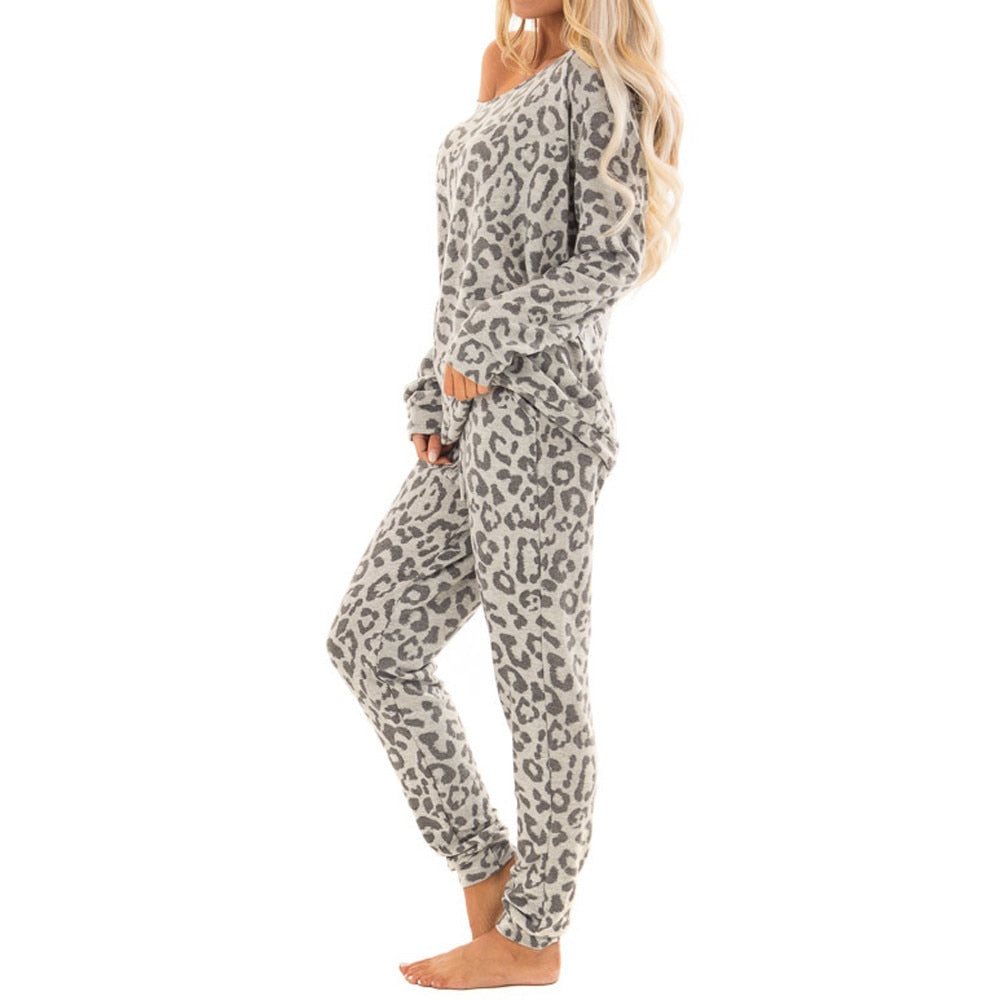 Leopard Print Two Piece Sets Pajamas Women Tracksuit Pants Sets Women Long Sleepwear Suit Home Women Female Sleepwear Femme #g2