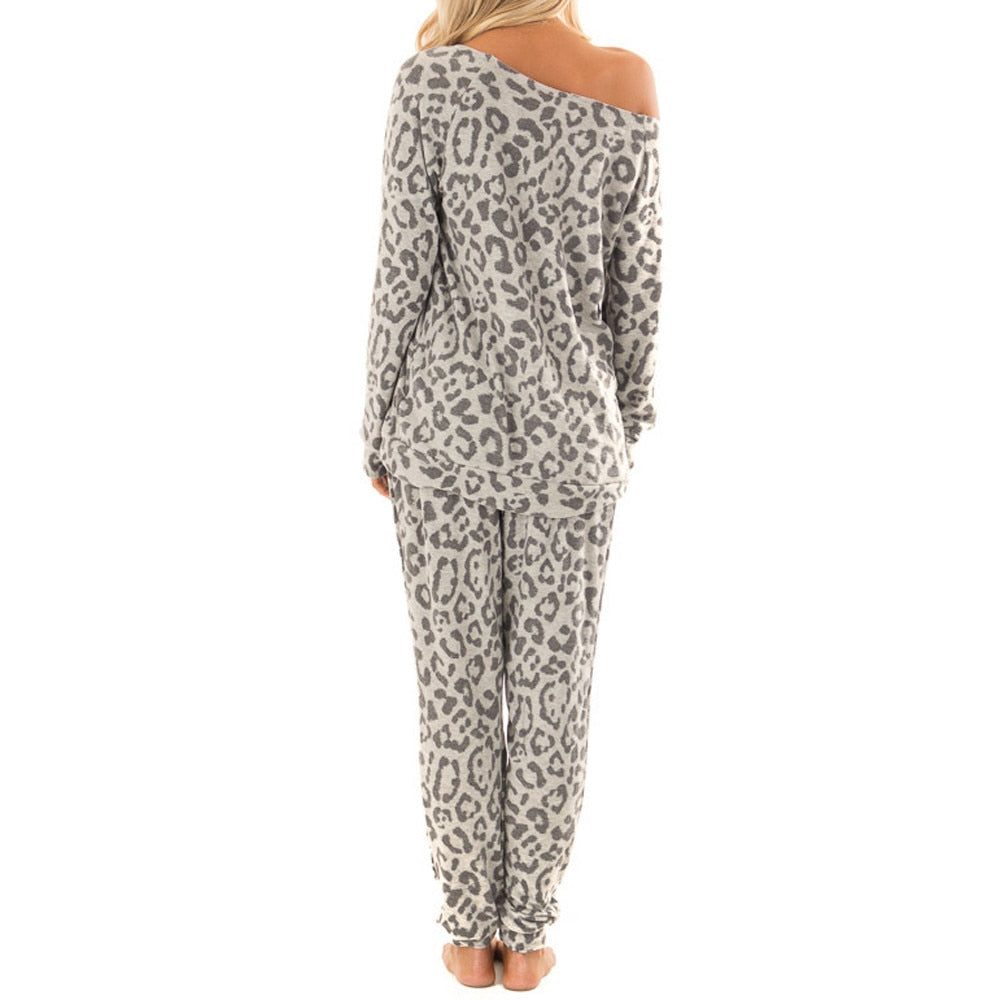 Leopard Print Two Piece Sets Pajamas Women Tracksuit Pants Sets Women Long Sleepwear Suit Home Women Female Sleepwear Femme #g2