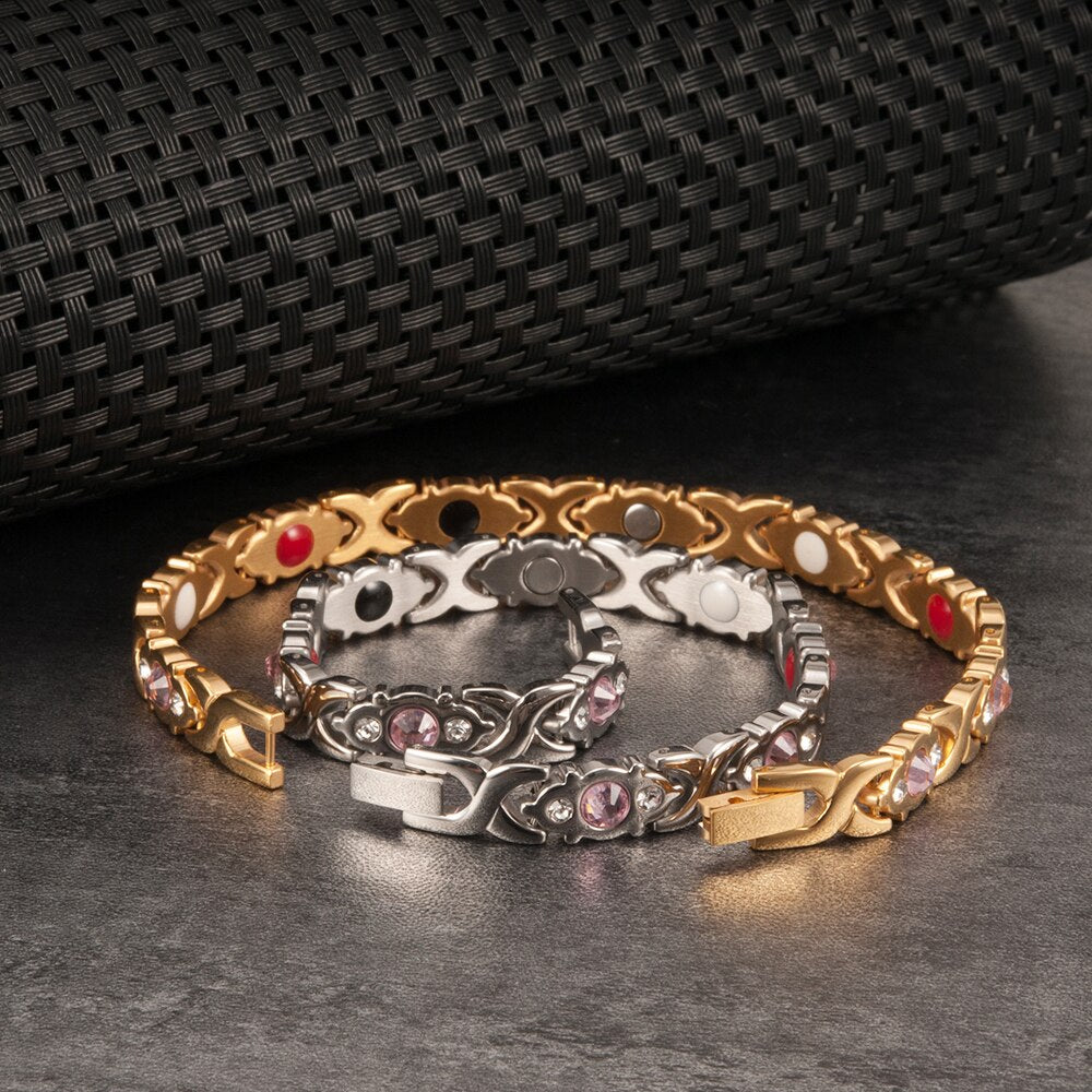 Vinterly Magnetic Bracelet Women Chain Crystal Gold-color Stainless Steel Bracelet Women Cross Health Energy Bracelets for Women