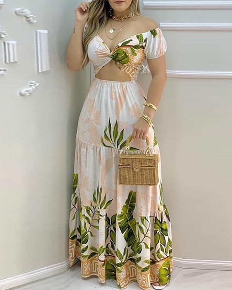 Fashion Ladies Tropical Print Hollow-out Design Off Shoulder V Neck Boho Maxi Dress Summer Casual Women&#39;s Long Dresses Holiday