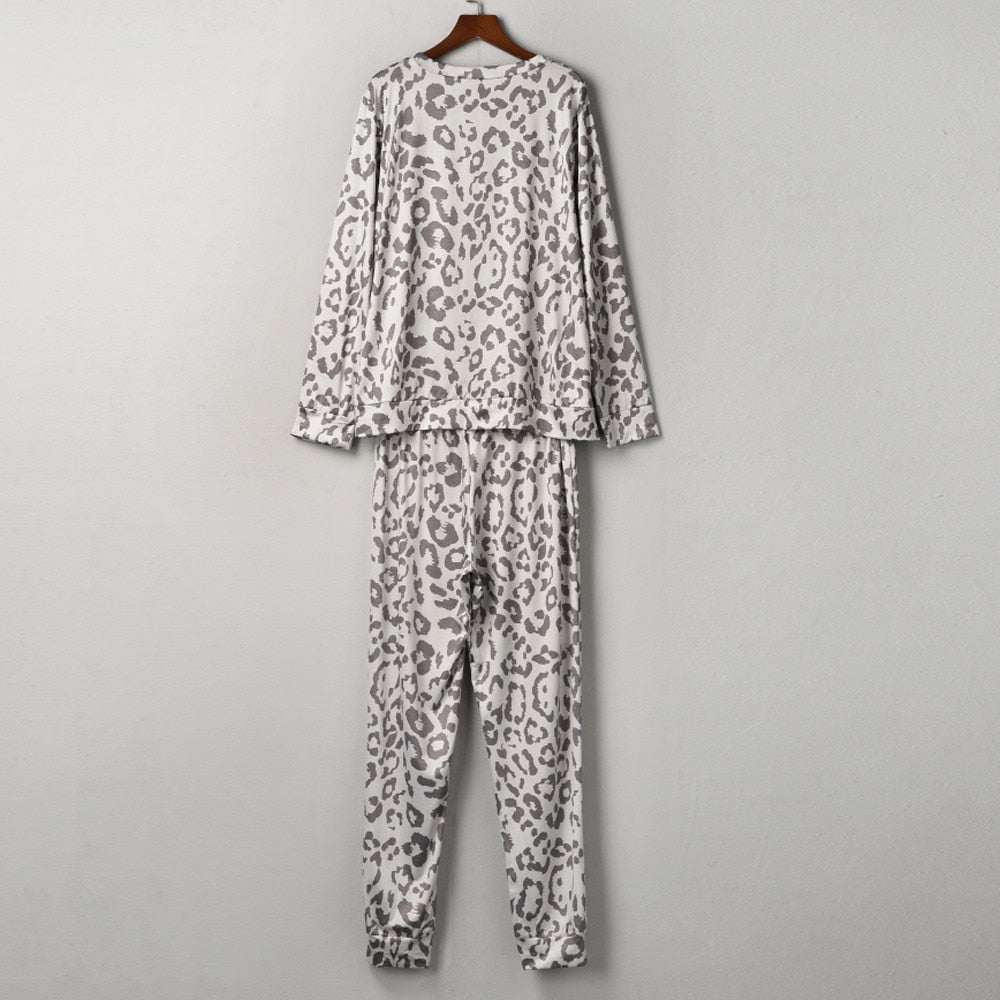 Leopard Print Two Piece Sets Pajamas Women Tracksuit Pants Sets Women Long Sleepwear Suit Home Women Female Sleepwear Femme #g2