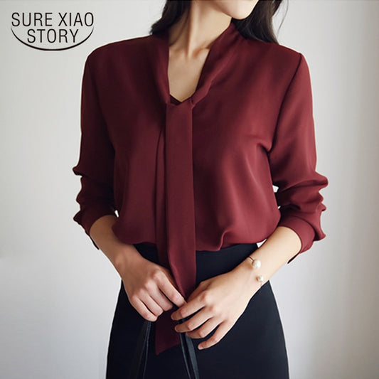 2022 autumn women clothing long sleeve bow tie women shirts Korean loose chiffon blouse shirt women solid color blouse 699C  30