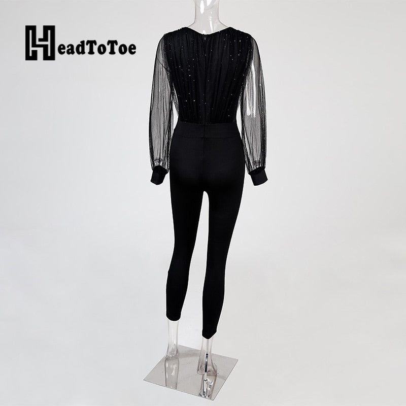 Sheer Mesh Glitter Ruched Wrap Jumpsuit Women Ropmers Long Sleeve V Neck Skinny Fit One Piece Overalls Jumpsuit