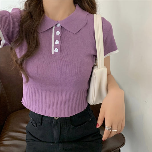 HELIAR Women Polo Shirts Women Peter Pan Collar T-shirts Knitted Short Sleeve Casual Summer Crop T-shirts For Women Tees