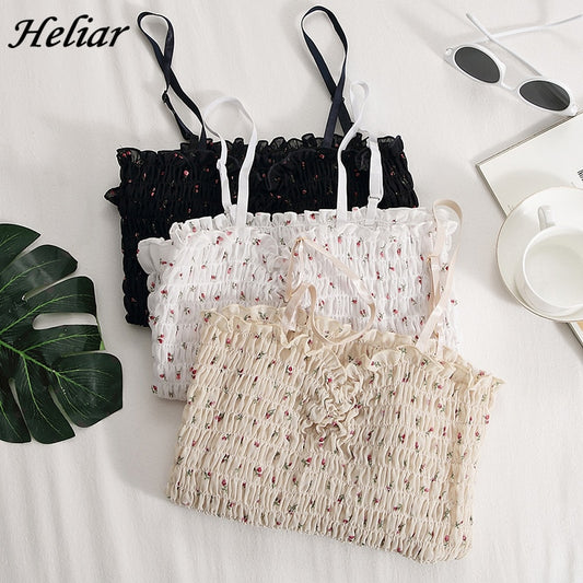HELIAR Women Knitted Crop Tops Floral Pleated Flounce Camis Tops Women Cute Tops Straps French Crop Tops For Women 2021 Summer