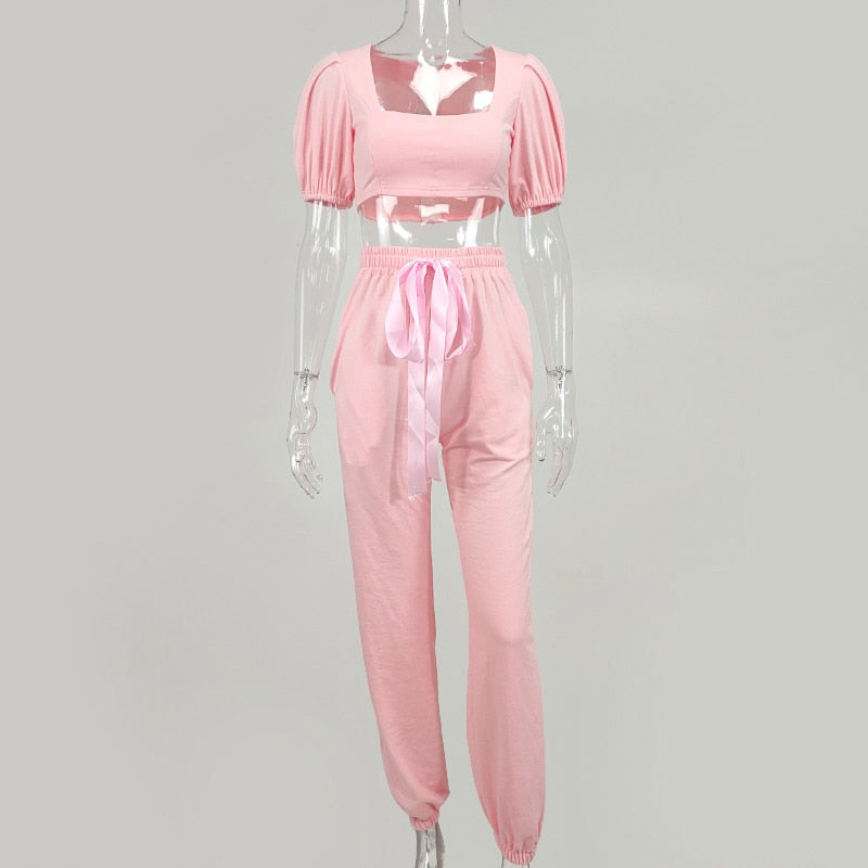 NewAsia Summer Womens Loungewear Set Vintage Square Collar Short Puff Sleeve Crop Top Long Pant Two Piece Set Pink Jogging Suit