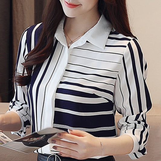 Long Sleeve Women Blouses Shirts Blouse Women 2021 Turn Down Collar Office Blouse For Women Striped Chiffon Blouse Shirt B648