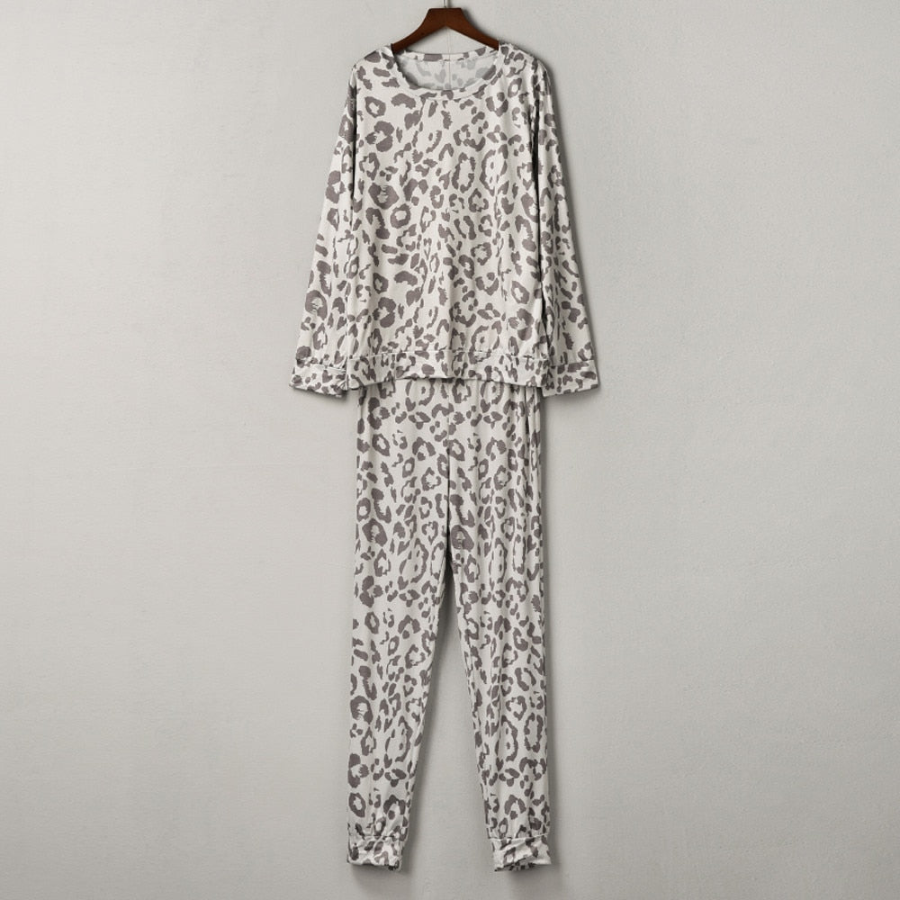 Leopard Print Two Piece Sets Pajamas Women Tracksuit Pants Sets Women Long Sleepwear Suit Home Women Female Sleepwear Femme #g2