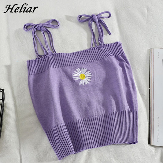 HELIAR Women Knitted Crop Tops Women Flower Embroidery Straps Sweet Crop Tops Women Harajuku Cute Tops For Women Summer